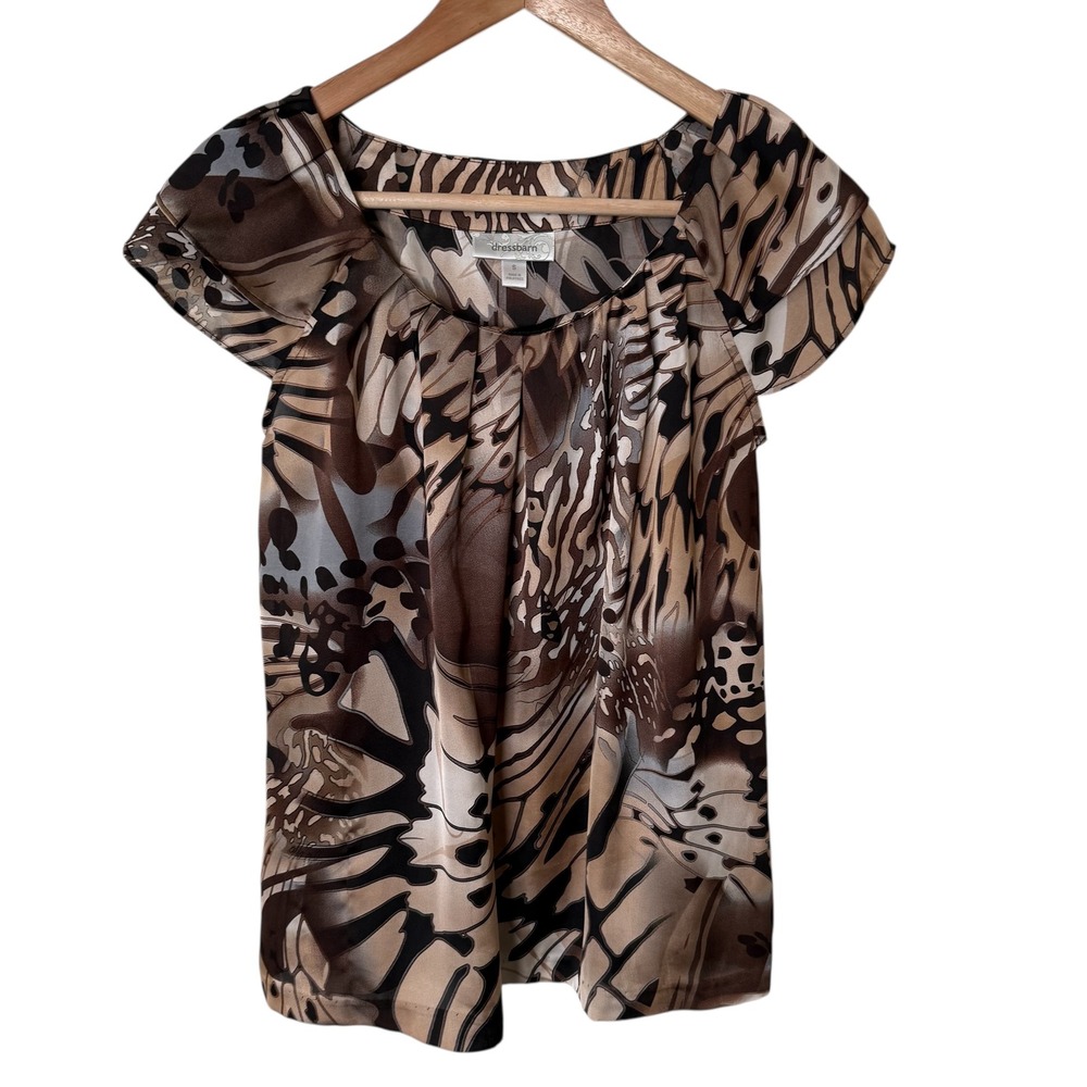 Dressbarn Women's Butterfly‎ Print Blouse Short Sleeve Square Neck Brown Size S